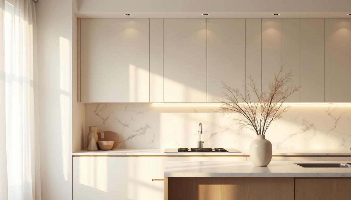 Cuisine minimaliste avec bois clair, tons crème et éclairage doux