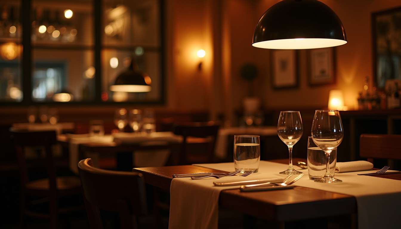 Intérieur du restaurant Aux Cocottes, ambiance chaleureuse avec tables en bois et éclairage tamisé