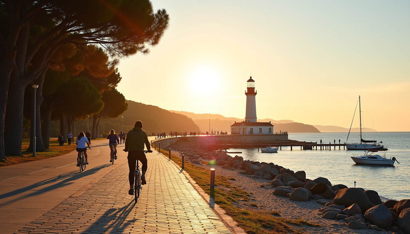Vue panoramique de l’île d’Aix avec phare, forêt de pins et bateaux à quai