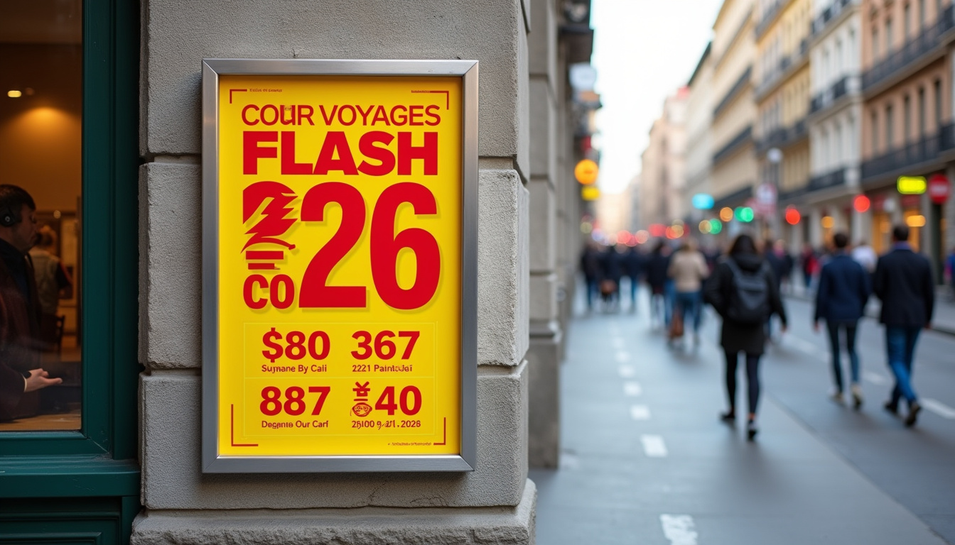 Affiche de vente flash Leclerc Voyages avec dates et prix barrés