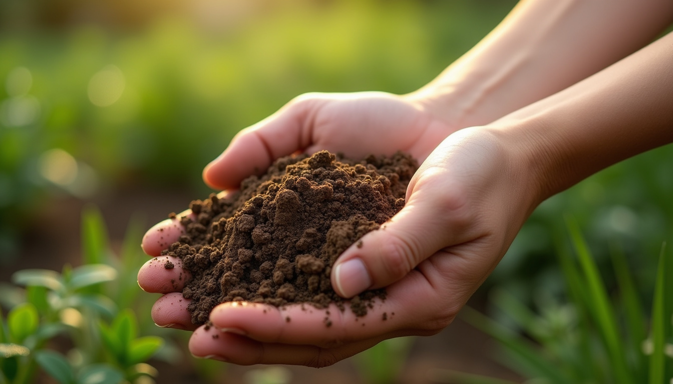 Analyse manuelle du type de sol dans un jardin, avec mains tenant de la terre humide