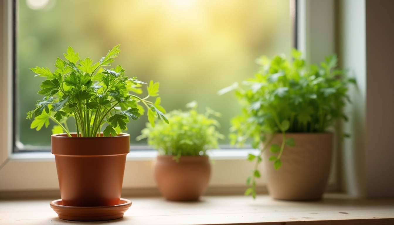 Branche de coriandre fraîche cultivée en pot, utilisée dans les recettes de bien-être