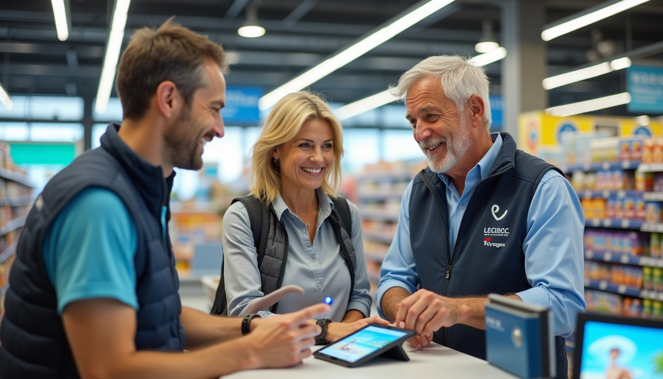 Conseiller en agence Leclerc Voyages discutant avec un client dans un magasin E.Leclerc