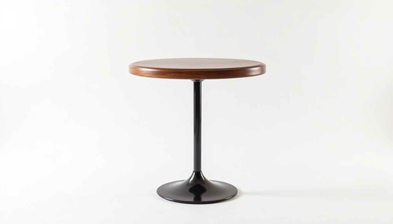 Détail des caractéristiques techniques d'une table bistrot: pied central, plateau cerclé, finition