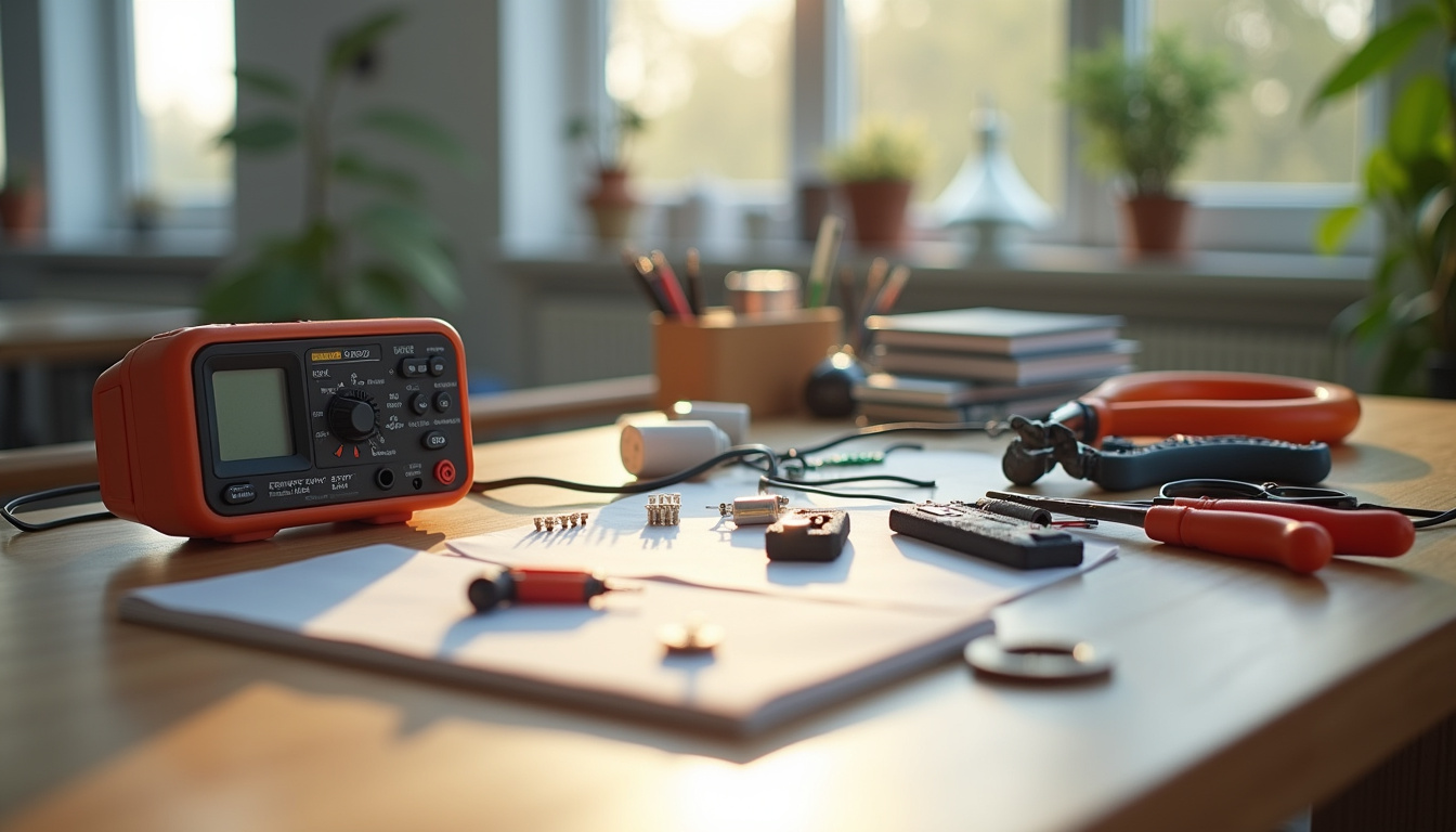 Établi d’électronique bien organisé avec multimètre, pinces et composants