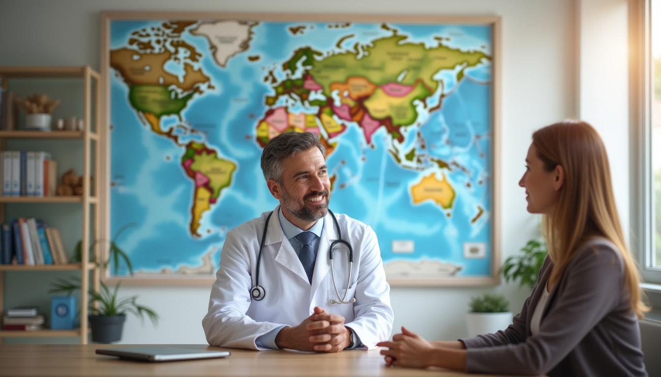 Médecin consultant un patient dans un cabinet médical spécialisé en médecine des voyages, avec une carte du monde en arrière-plan