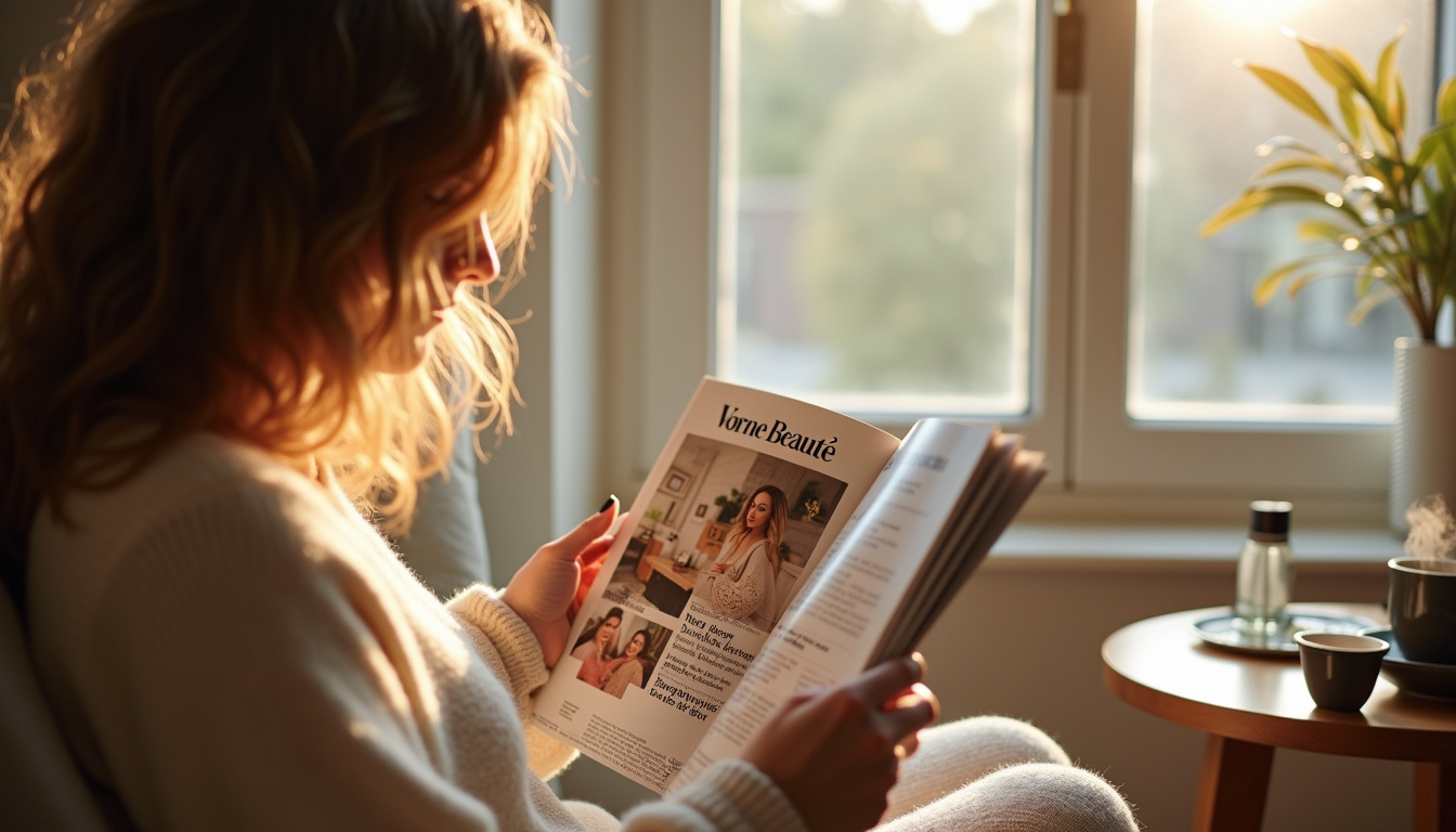 Photo d'une lectrice lisant la dernière édition de Votre Beauté dans un cadre calme, mettant en valeur le format papier du magazine