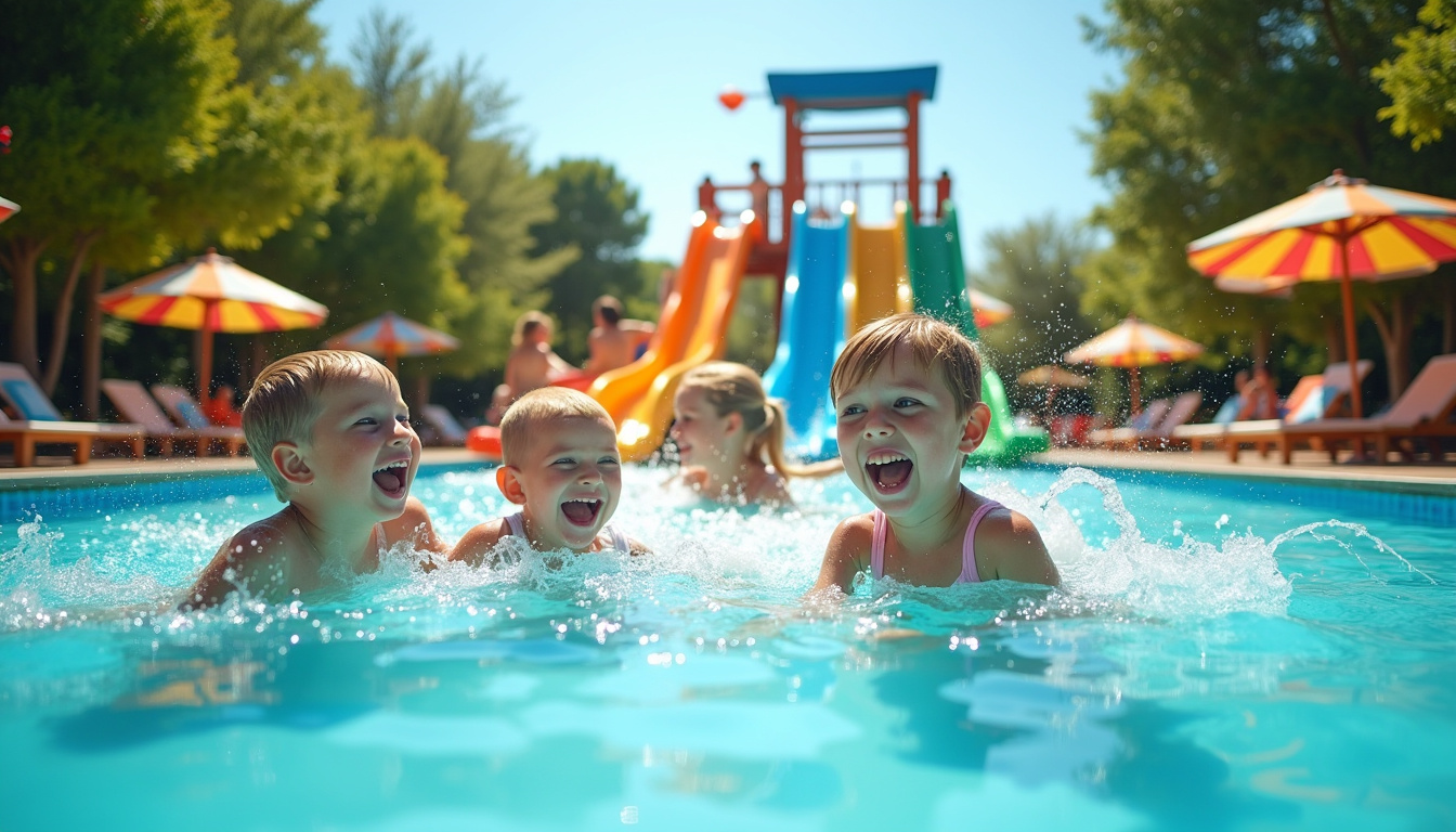 Piscine chauffée avec toboggans et aire de jeux aquatique au Camping Club Les Tourterelles