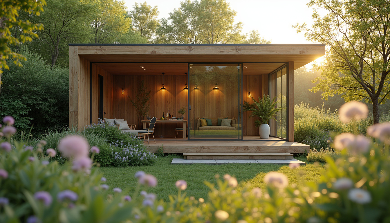 Studio de jardin en ossature bois, utilisé comme bureau extérieur avec grande baie vitrée