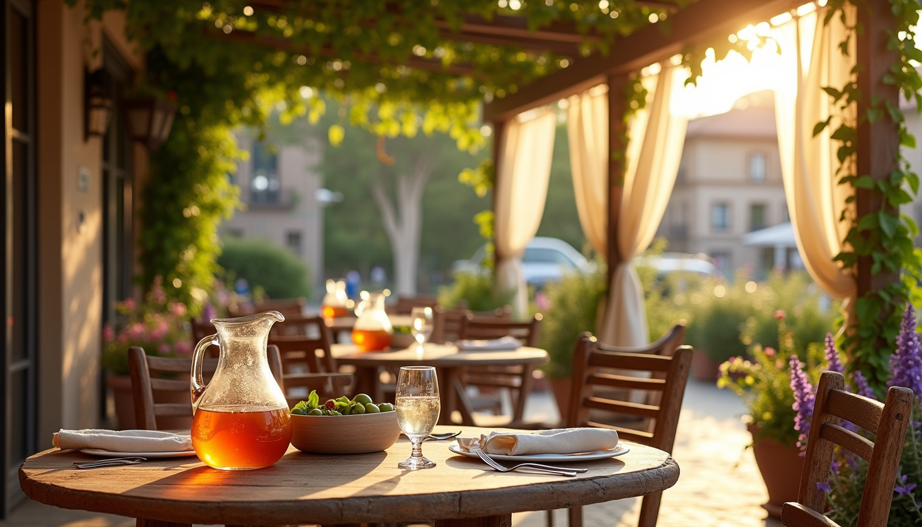 Terrasse lumineuse du restaurant Casabea à Lyon avec pergola et ambiance chaleureuse