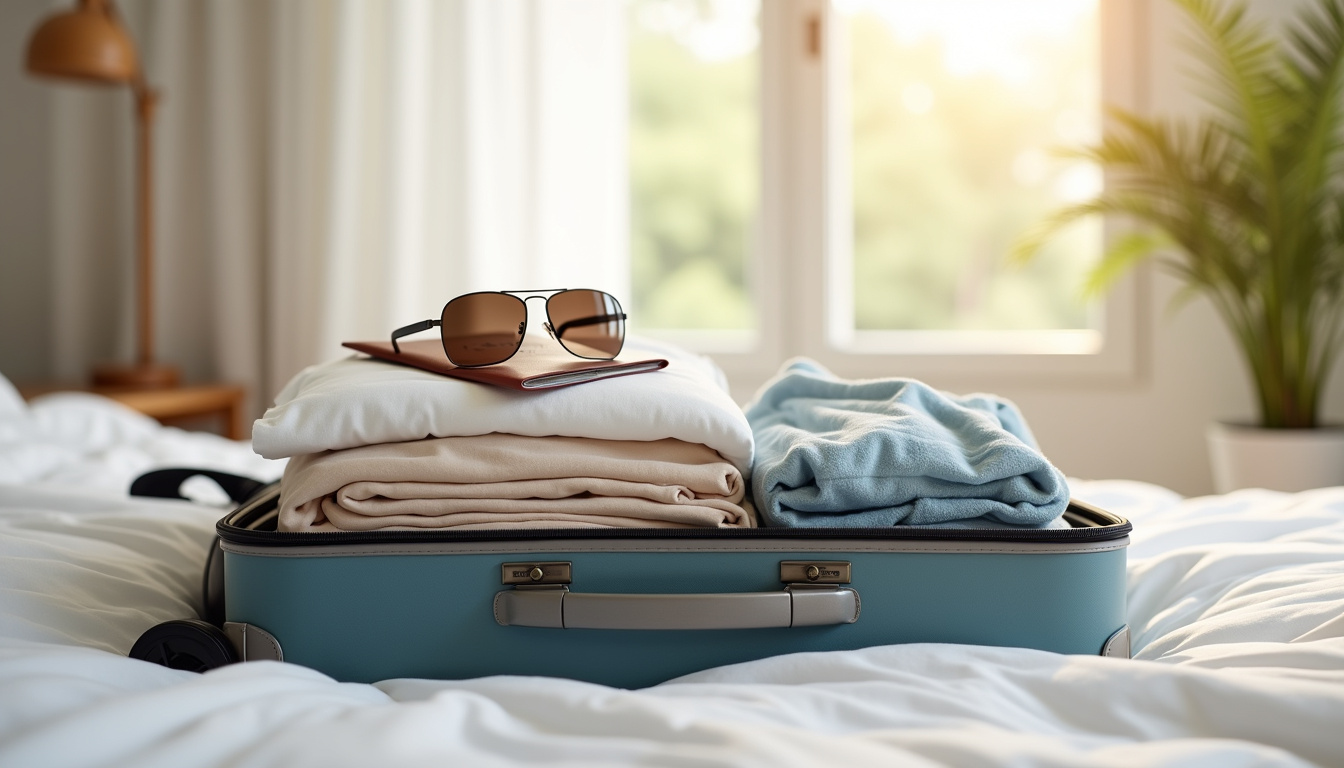 Valise ouverte posée sur un lit, avec des vêtements soigneusement rangés en préparation pour un voyage
